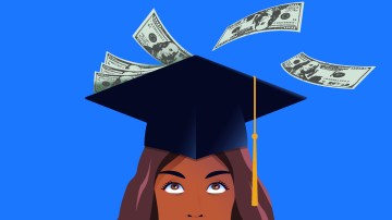 Young female student in grduation cap running out of money. Student loan, expensive education concept. Vector illustration.